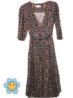 Knox Rose ~ Wrap ~ Midi Dress ~ Rust/Black/White/Blue ~ Floral-Like Material